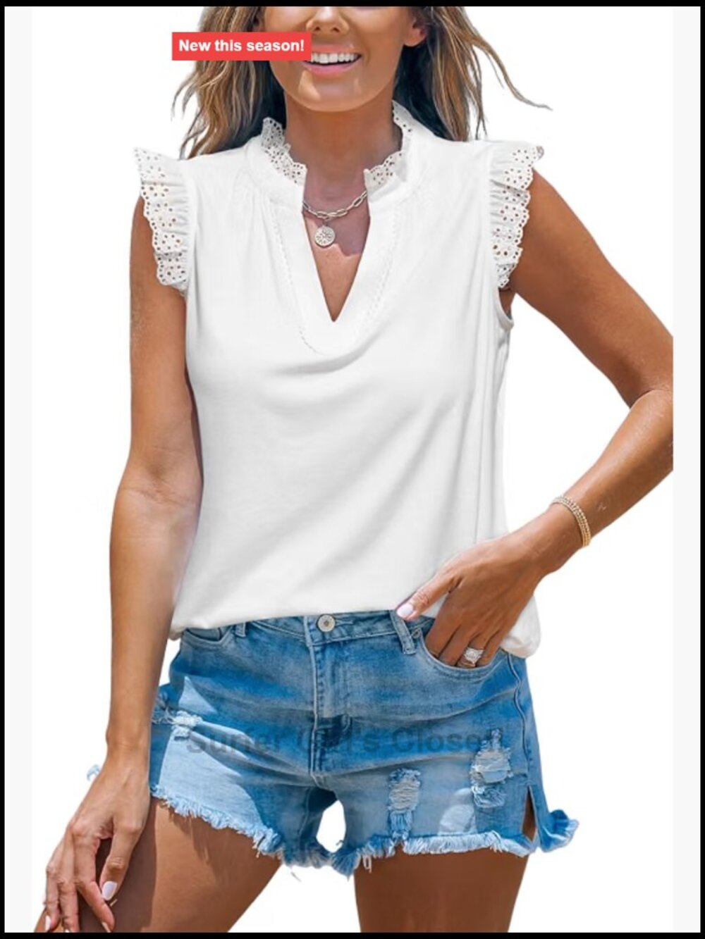 Women's Sleeveless Eyelet Trim Tank Top Notched V Neck Summer Blouse